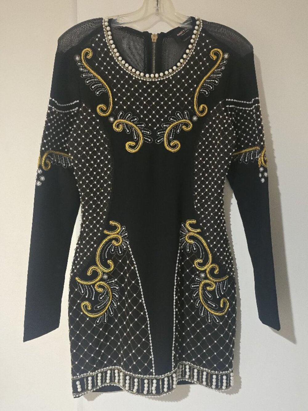 Nasty Gal Collection Pearl Beaded Bodycon Mini Dress Black Gold Long Sleeve S